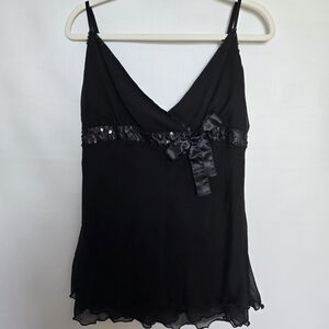 DORI ELEGANT DAINTY BLACK CAMI TANK SEQUINS SATIN BOW (2XL)